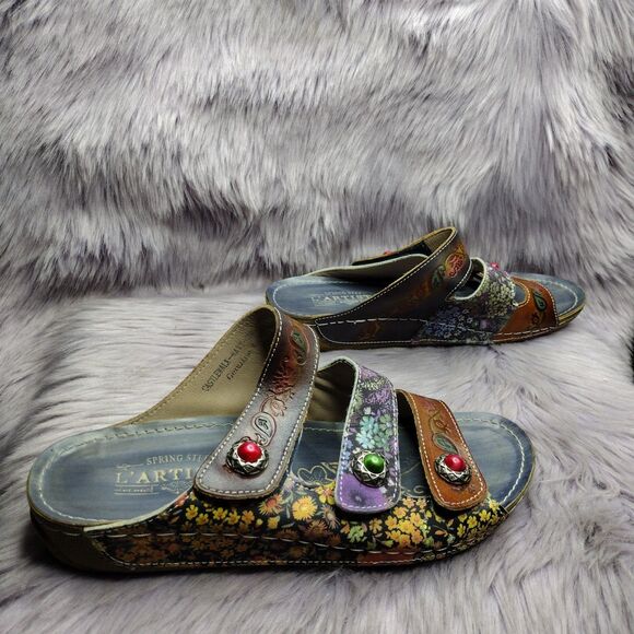 L'Artiste Spring Step Leather Sandals Womens Sz 39/ 8.5 Floral Castlewalk Wedge - Picture 2 of 7